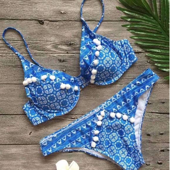 Boutique Other - ✨Blue & White Patterned Bikini W/ Pom Pom Detail✨